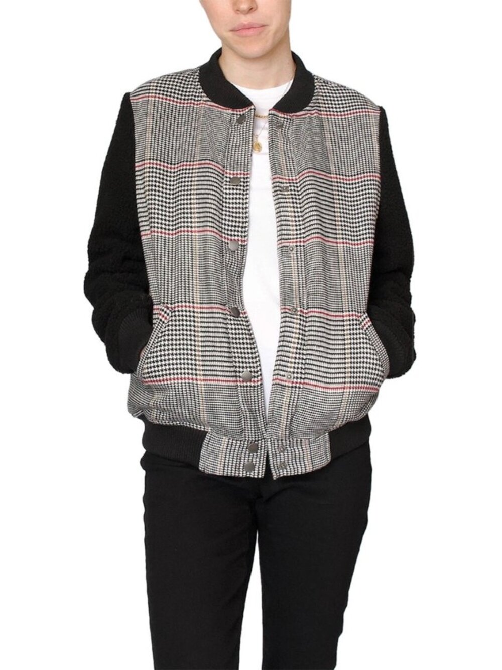Fifth Label Plaid Houndstooth Bomber Jacket with Sherpa Sleeves